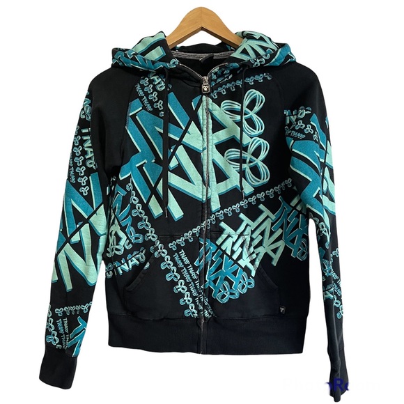 Aritzia | Tops | Aritzia Tna Zip Up Logo Hoodie Black Blue | Poshmark